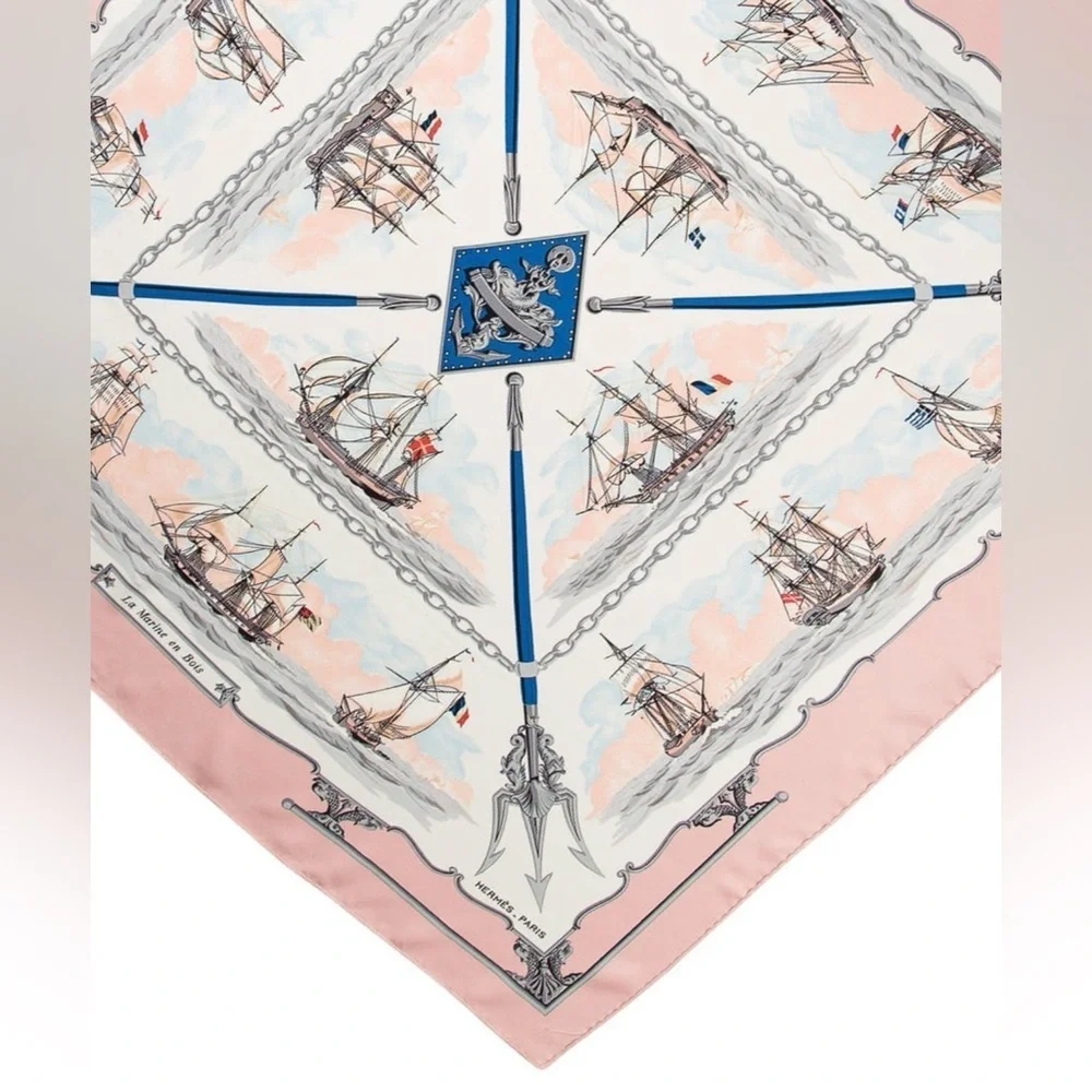 HERMES Never Worn Vintage “The Wooden Marine” Pink Carre‎ 90 Silk Twill Scarf
